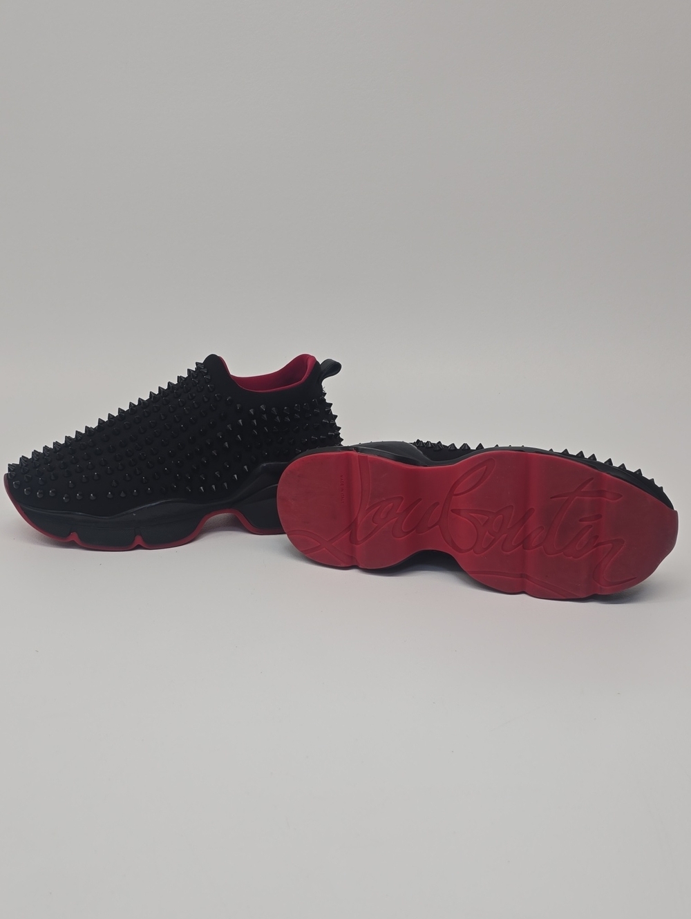 Christian Louboutin Mens Spike Neoprene Slip-On Sock Sneakers Black Red Bottoms